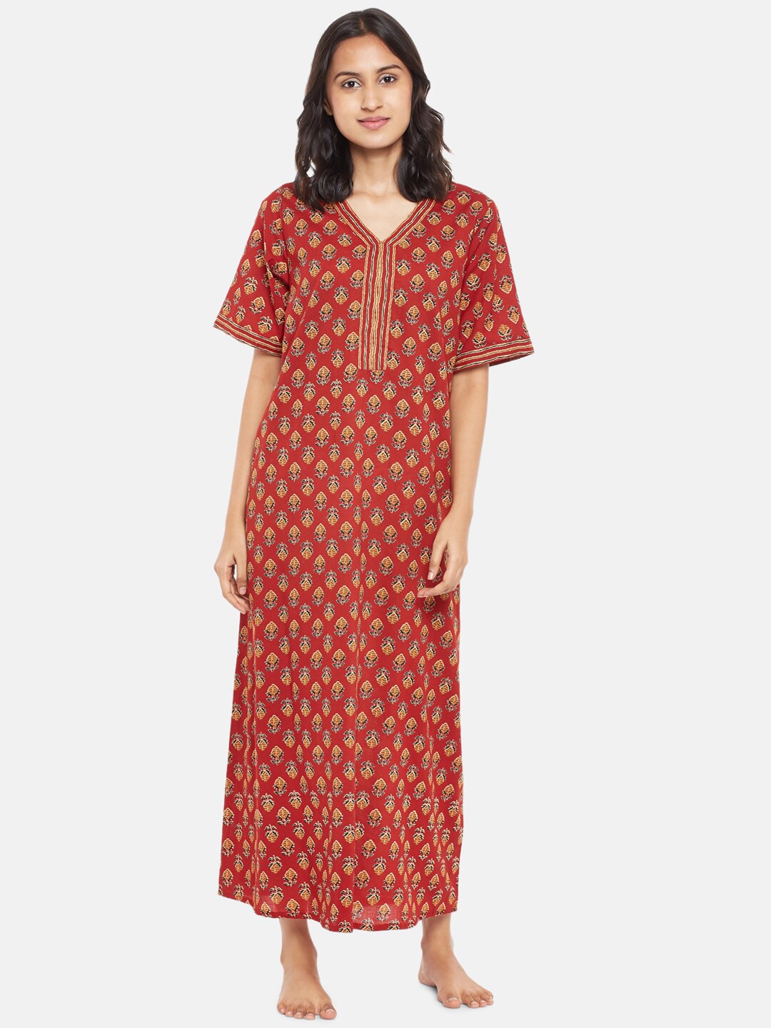 

RANGMANCH BY PANTALOONS Red Printed Cotton Maxi Nightdress