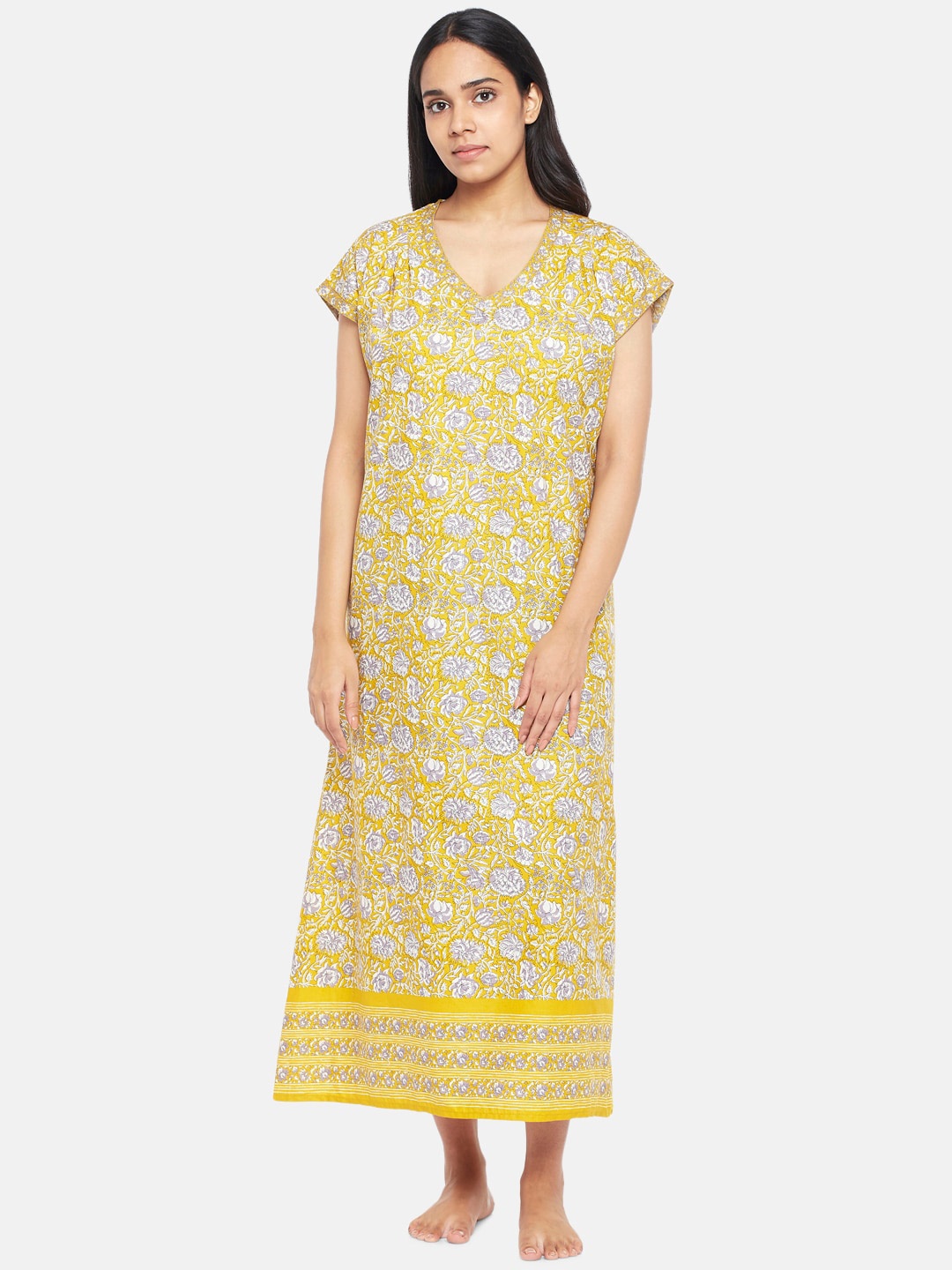 

RANGMANCH BY PANTALOONS Mustard Printed Cotton Maxi Nightdress