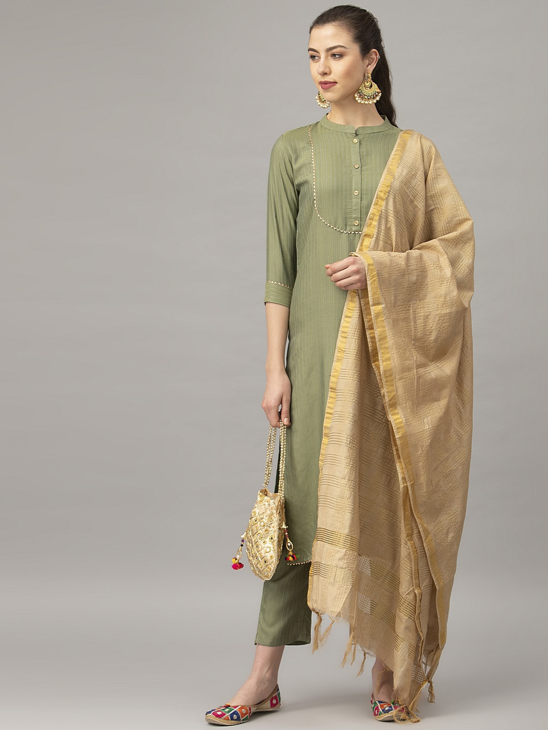 

SANISA Women Olive Green Panelled Gotta Patti Kurta with Trousers & With Dupatta
