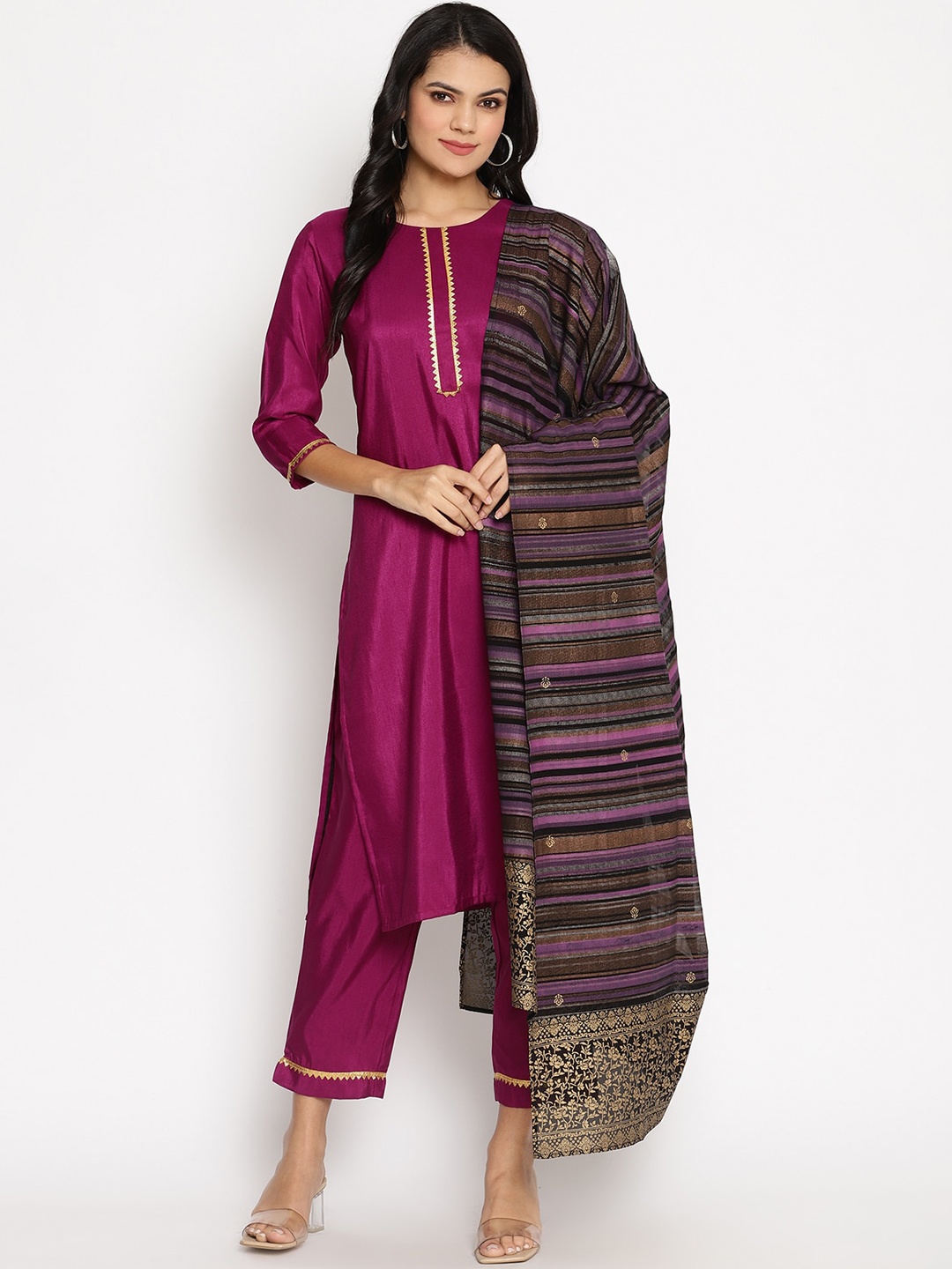 

Ahalyaa Women Magenta & Black Yoke Design Kurta with Trousers & With Dupatta
