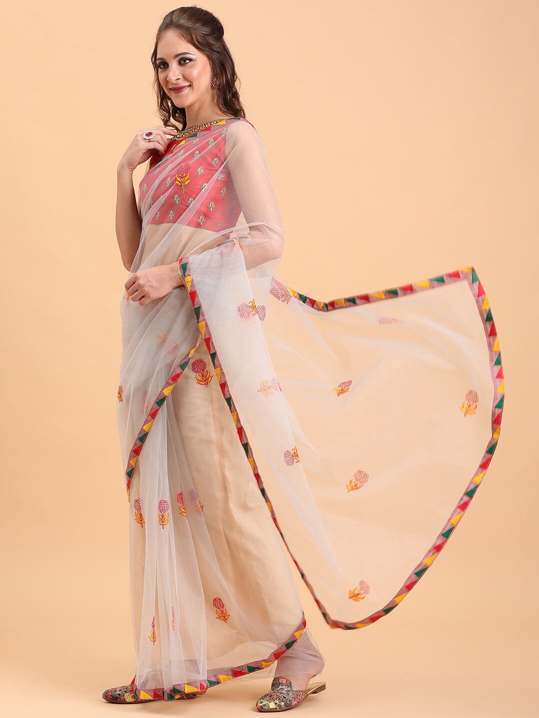 

Sangria Lavender & Red Embroidered Supernet Saree