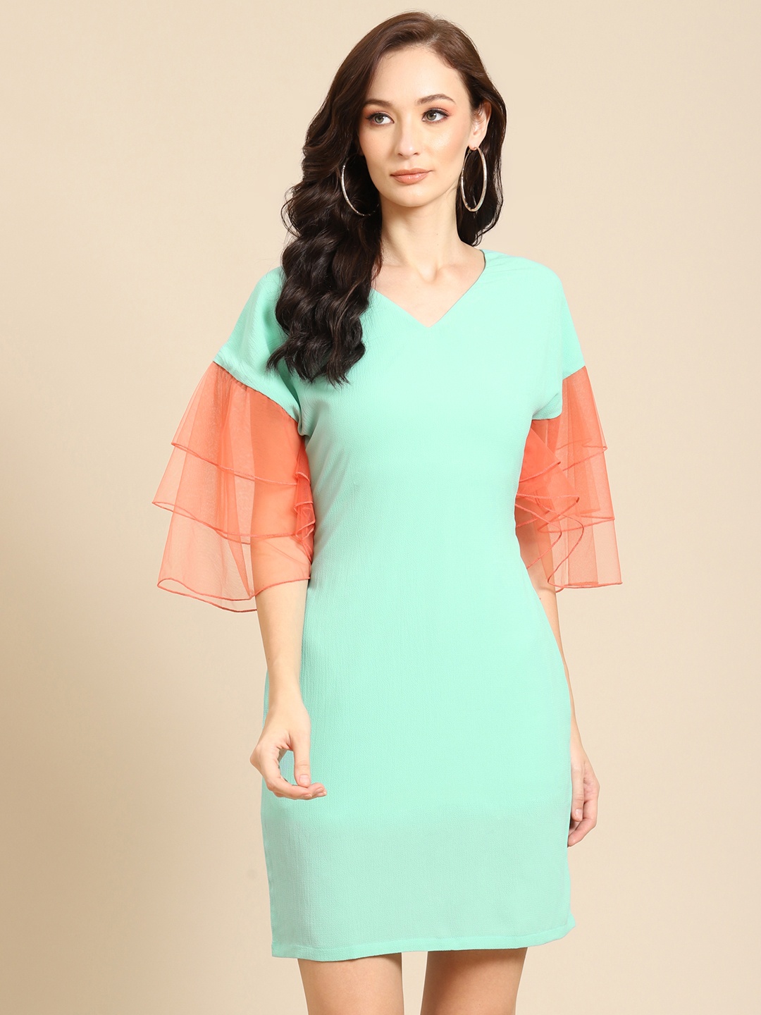 

DODO & MOA Sea Green Flared Sleeves Sheath Dress