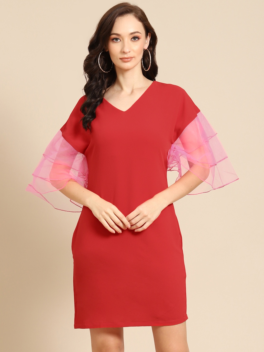 

DODO & MOA Red Flared Sleeves Sheath Dress