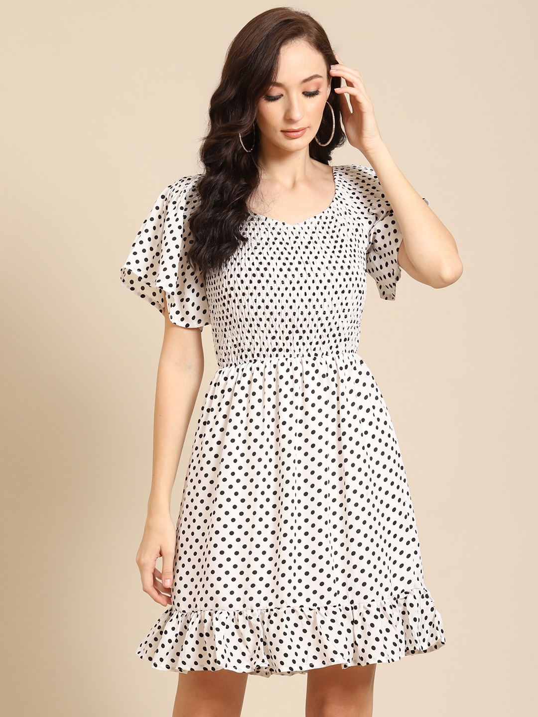 

DODO & MOA White & Black Polka Dot Print Smocked A-Line Dress