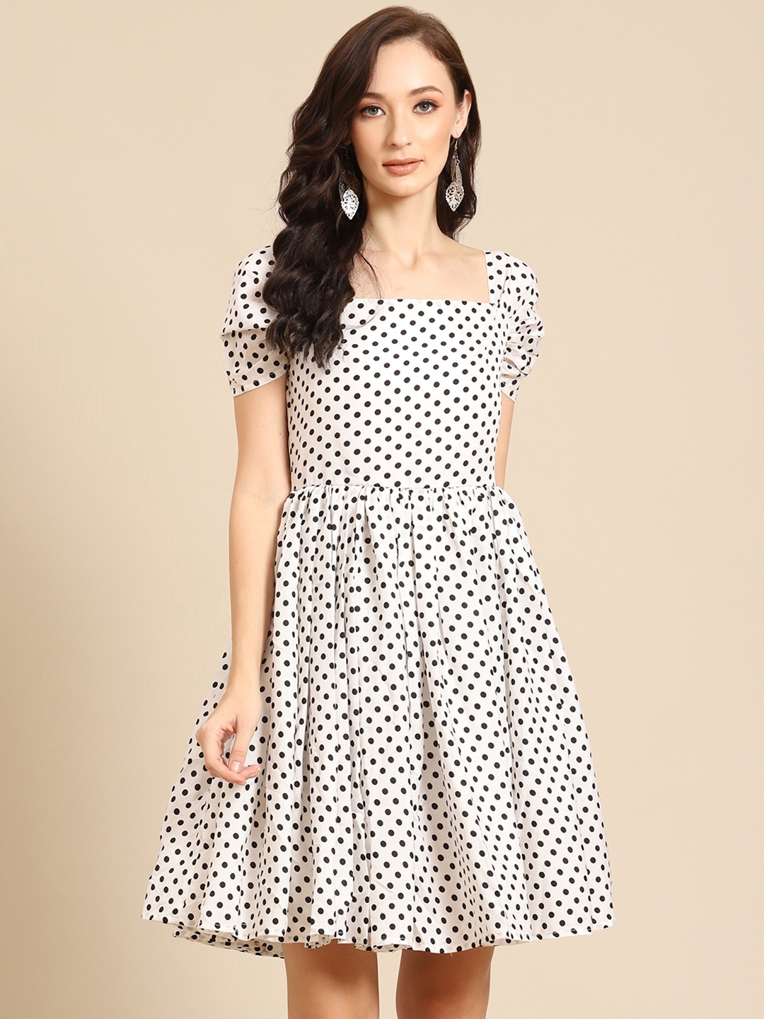 

DODO & MOA White & Black Polka Dot Print A-Line Dress