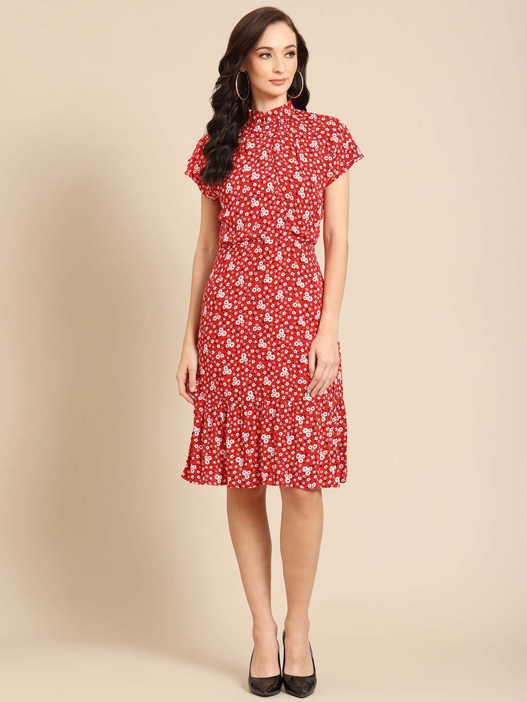 

DODO & MOA Red & White Floral Print A-Line Dress