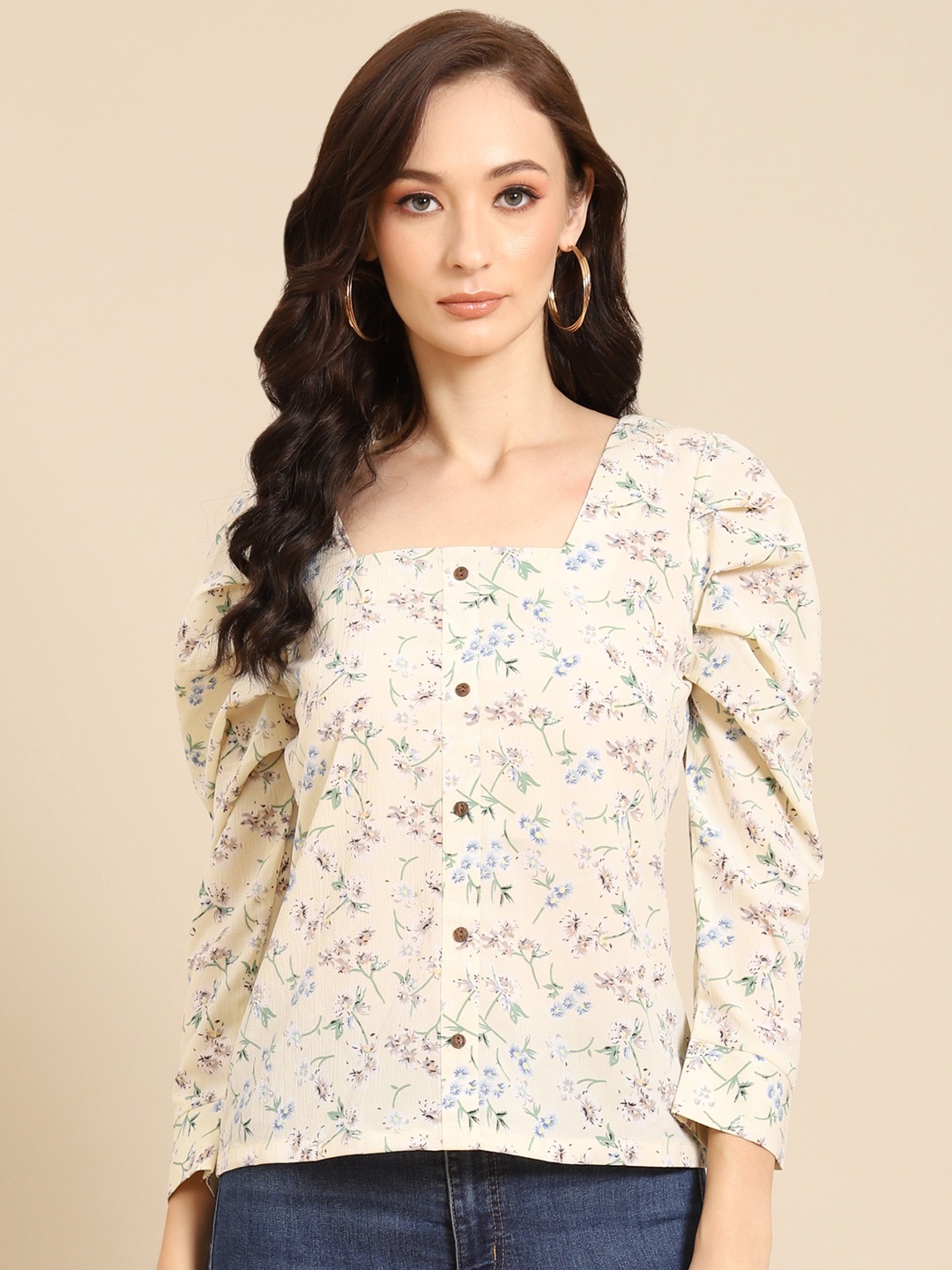 

DODO & MOA Cream-Coloured & Green Floral Regular Top