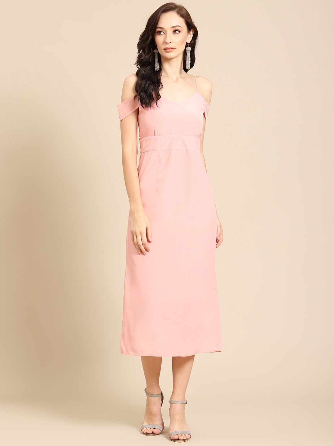 

DODO & MOA Peach-Coloured Solid A-Line Midi Dress