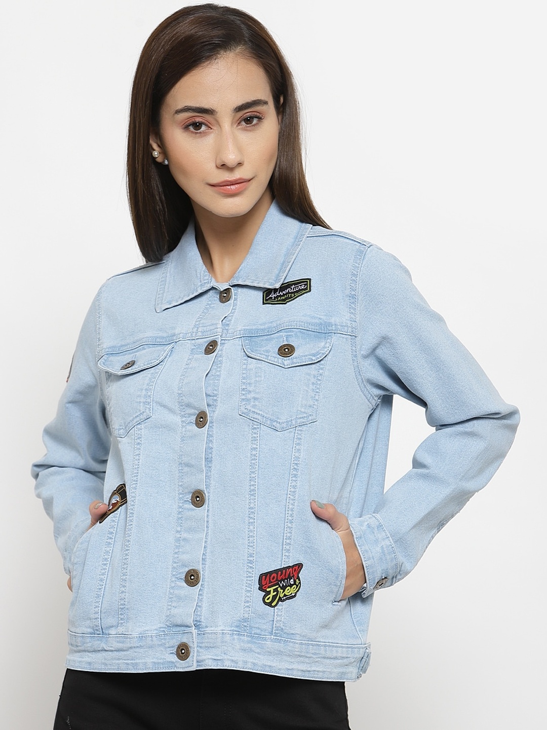 

Style Quotient Women Blue Washed Denim Jacket with Patchwork