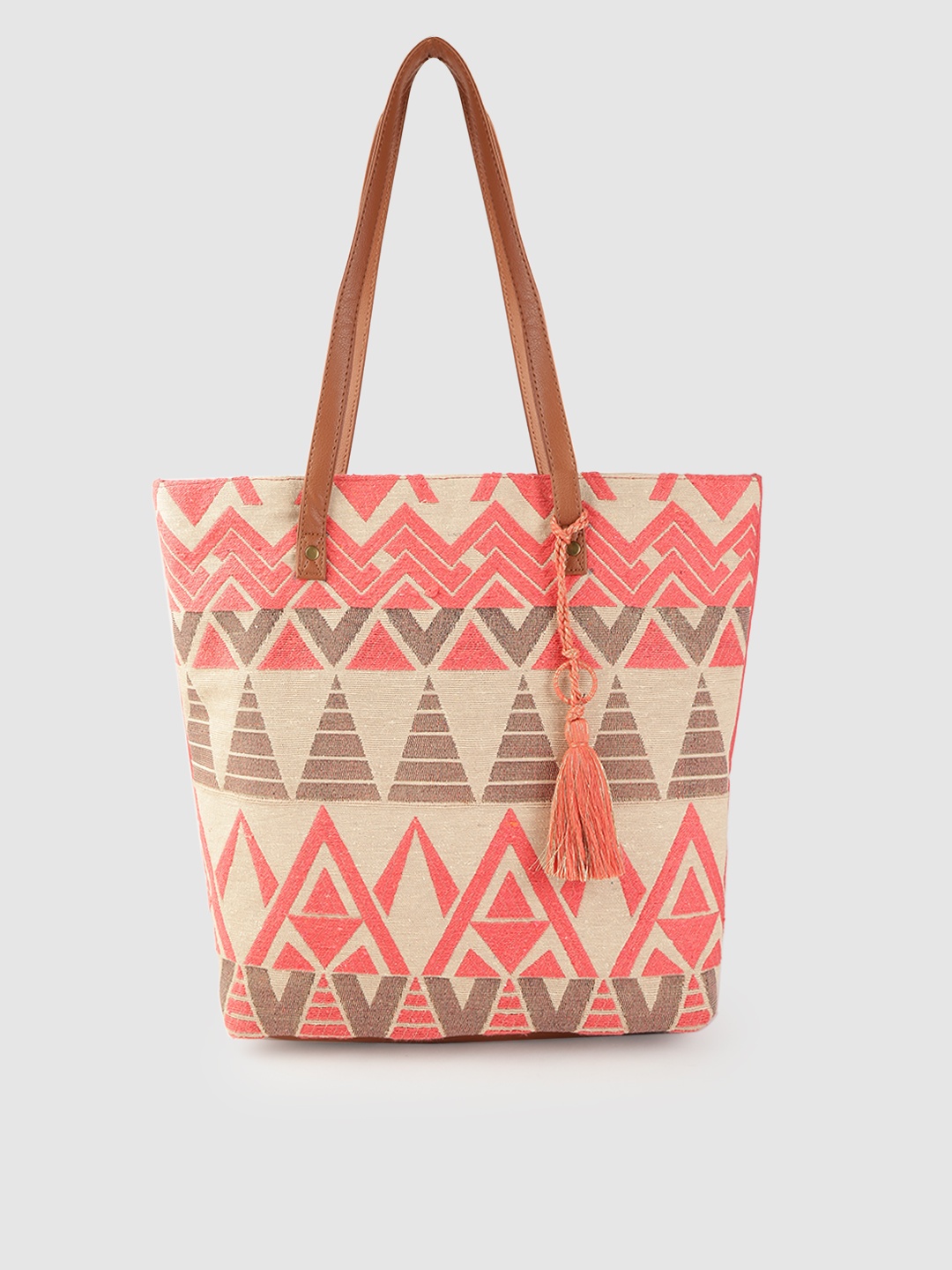 

Anouk Beige & Coral Orange Geometric Patterned Shopper Tote Bag with Tasselled Detail