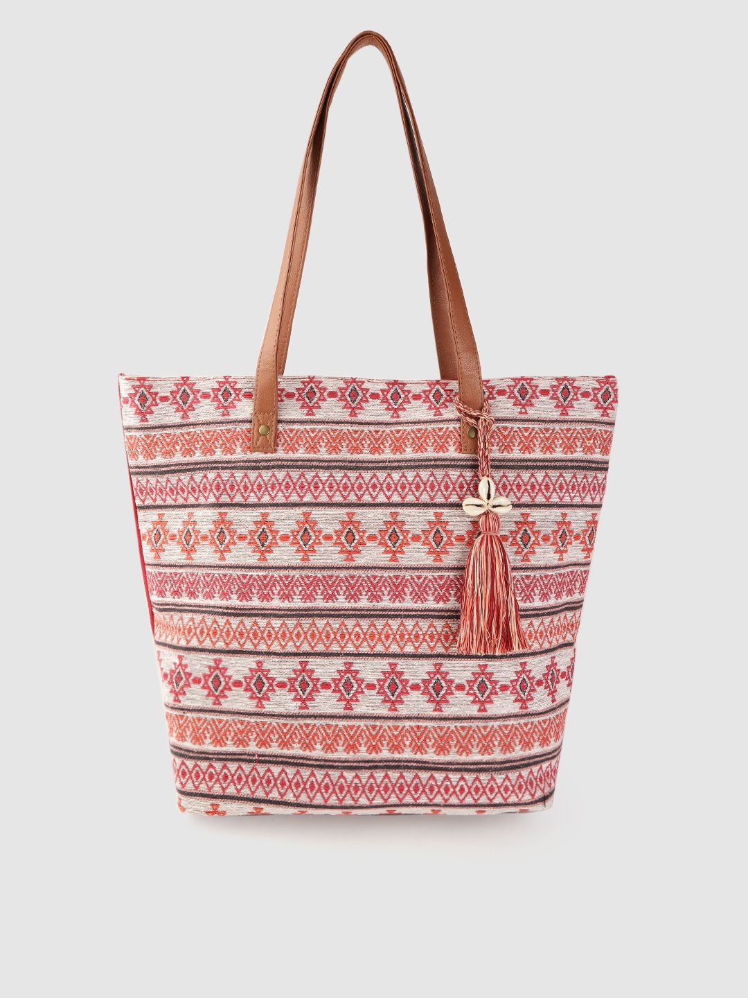 

Anouk Off-White & Red Geometric Patterned Shopper Tote Bag with Tasselled Detail