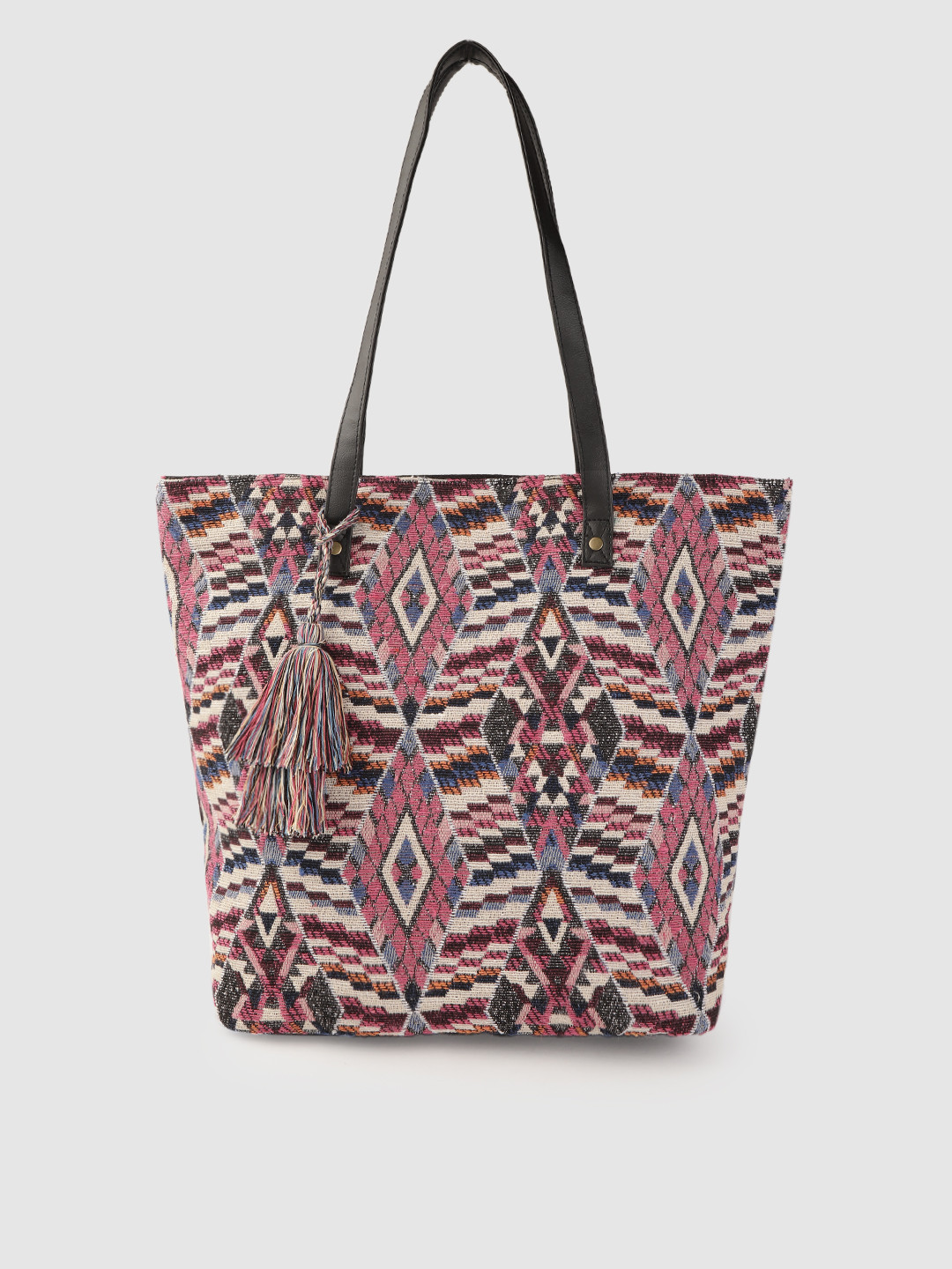 

Anouk Pink & Black Geometric Patterned Shopper Tote Bag with Tasselled Detail
