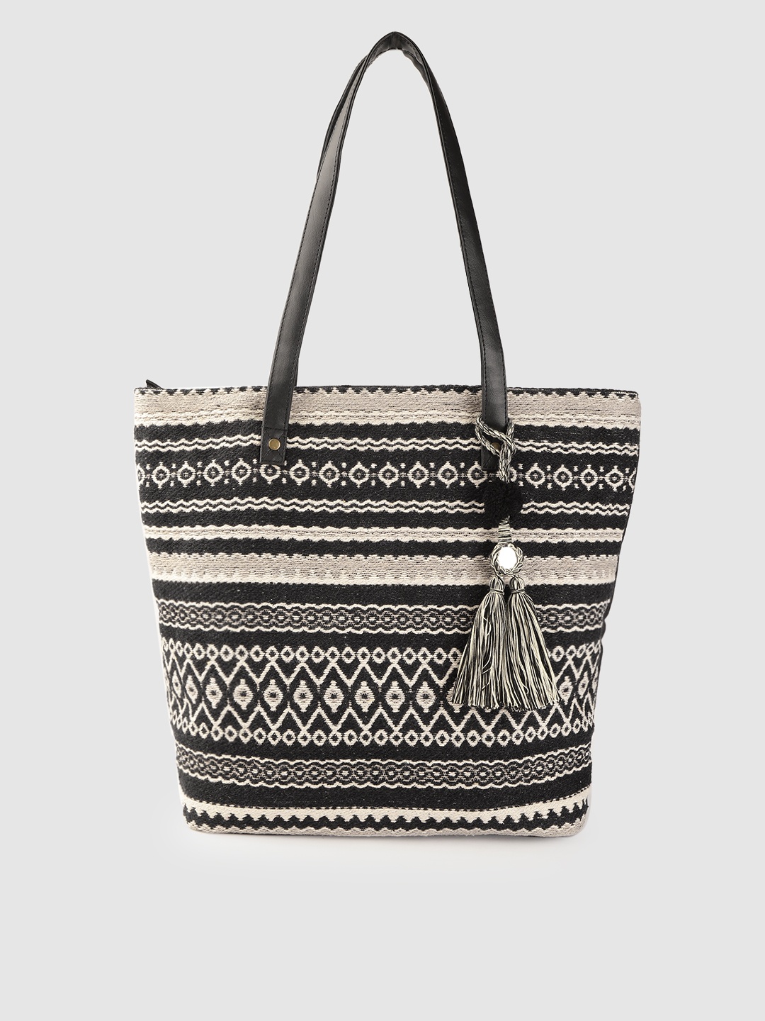 

Anouk Black & Off-White Geometric Patterned Shopper Tote Bag with Tasselled Detail