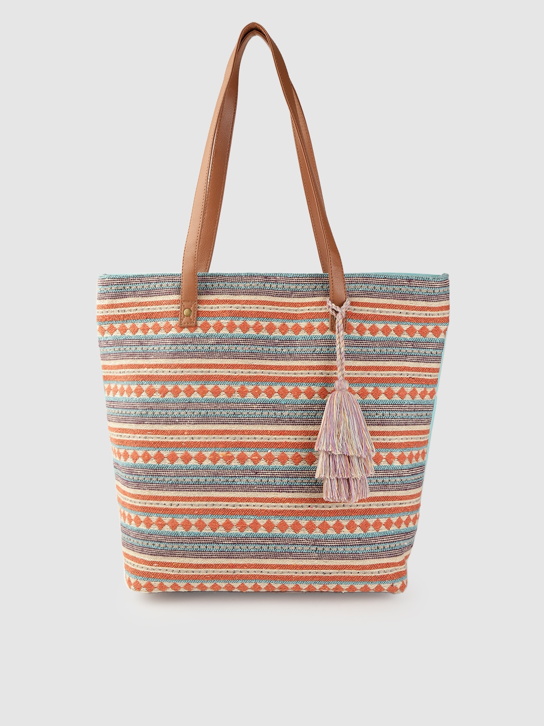 

Anouk Blue & Orange Geometric Patterned Shopper Tote Bag with Tasselled Detail