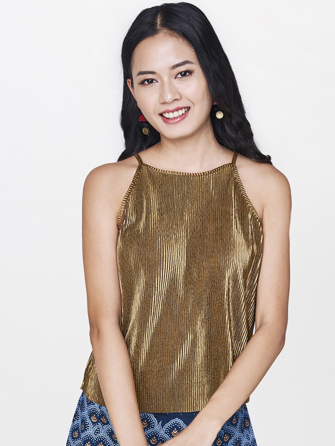 

Global Desi Copper-Toned Accordion Pleats Shoulder Strap Top