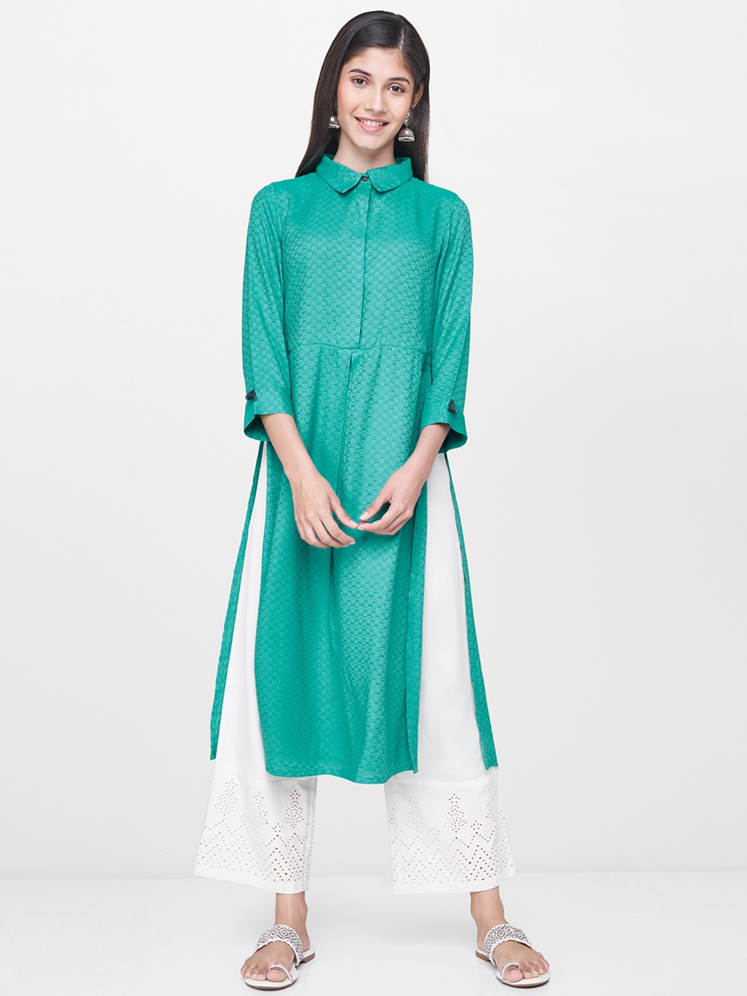 

Global Desi Women Blue Woven Design Shirt Collar Kurta