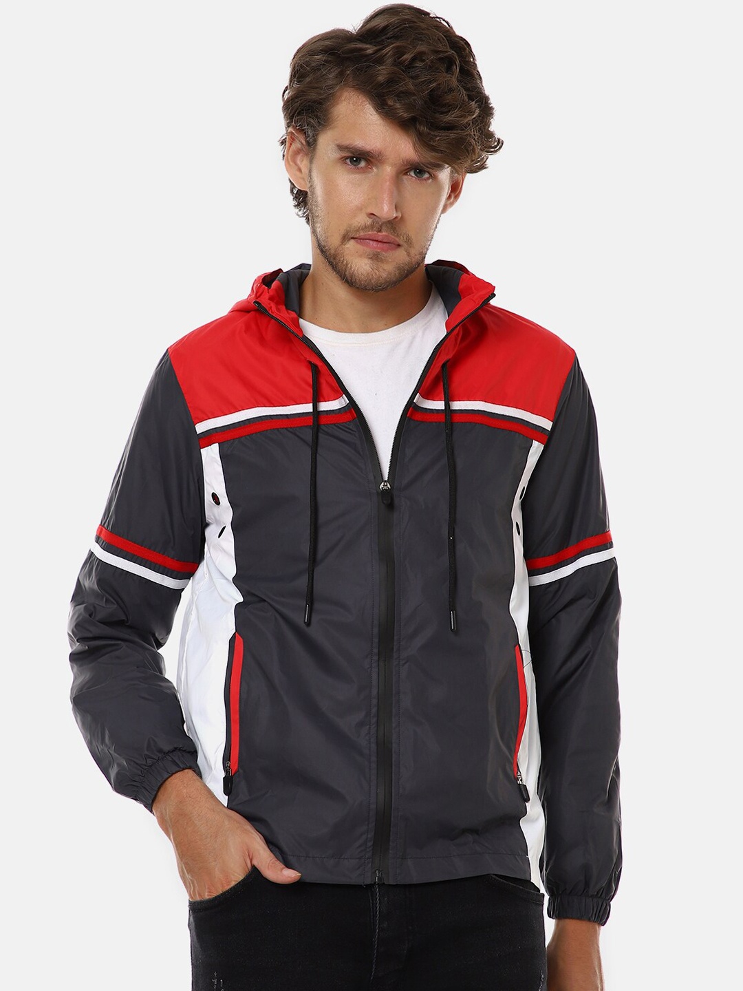 

Campus Sutra Men Red And Black Colourblocked Windcheater Padded Hooded Jacket