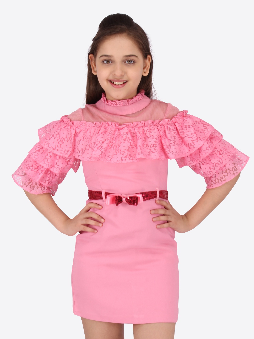 

CUTECUMBER Girls Pink Ruffles Cold Shoulder Sheath Dress With Embellished Bow Belt