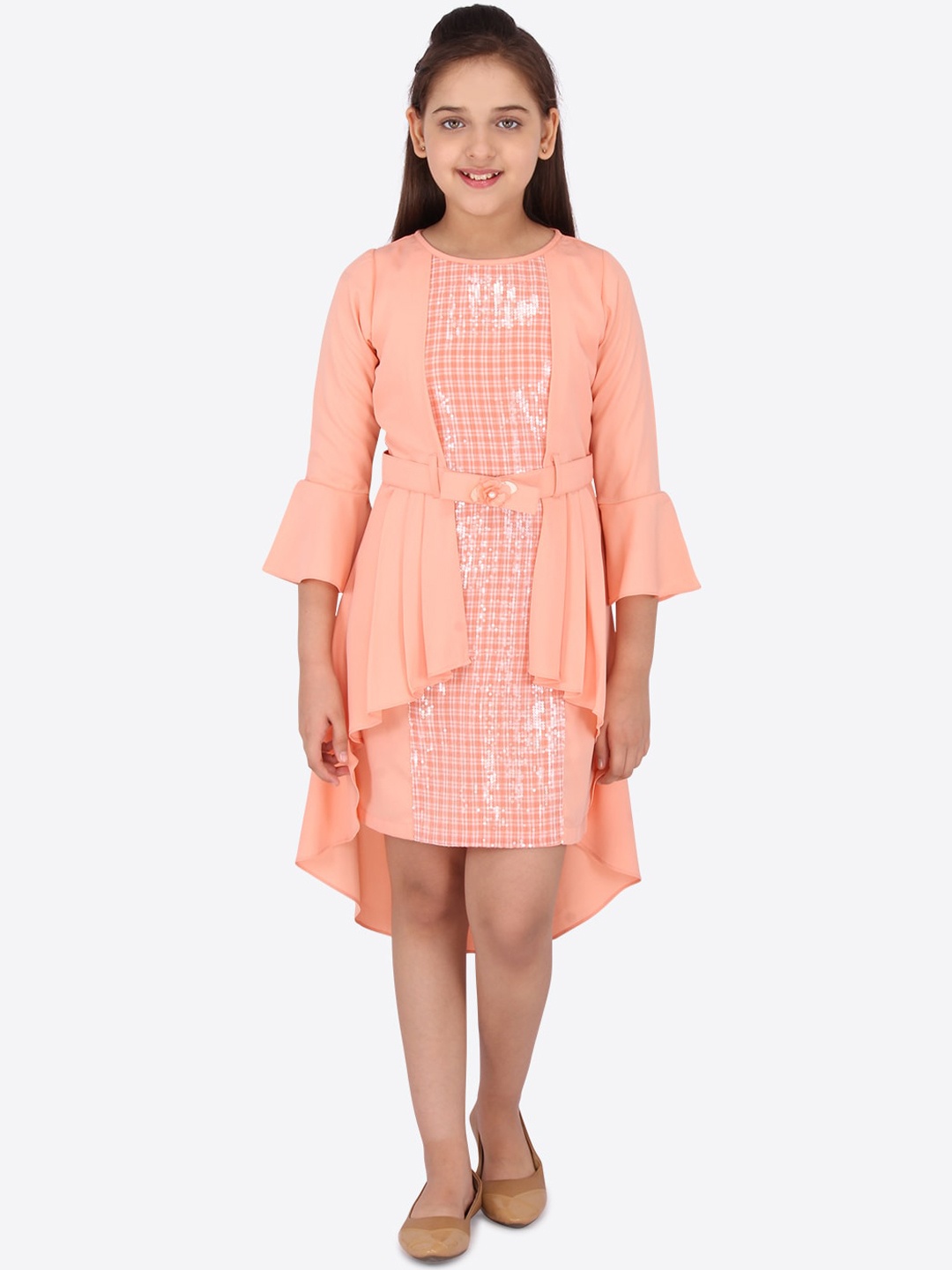 

CUTECUMBER Girls Peach-Coloured Embellished Georgette A-Line Dress