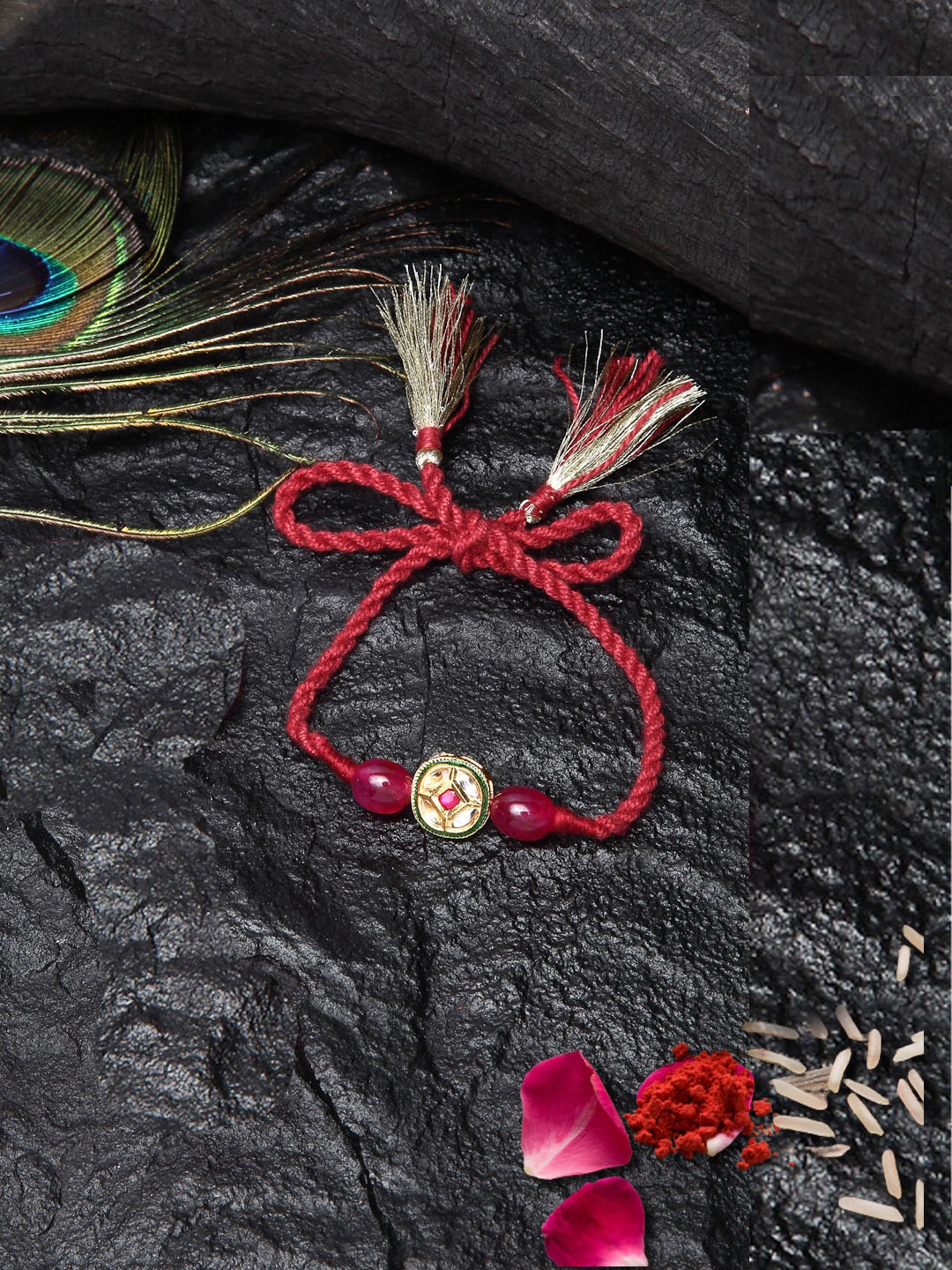 

DUGRISTYLE Men Red Kundan Pearls & Faux Ruby Rakhi With Roli & Chawal