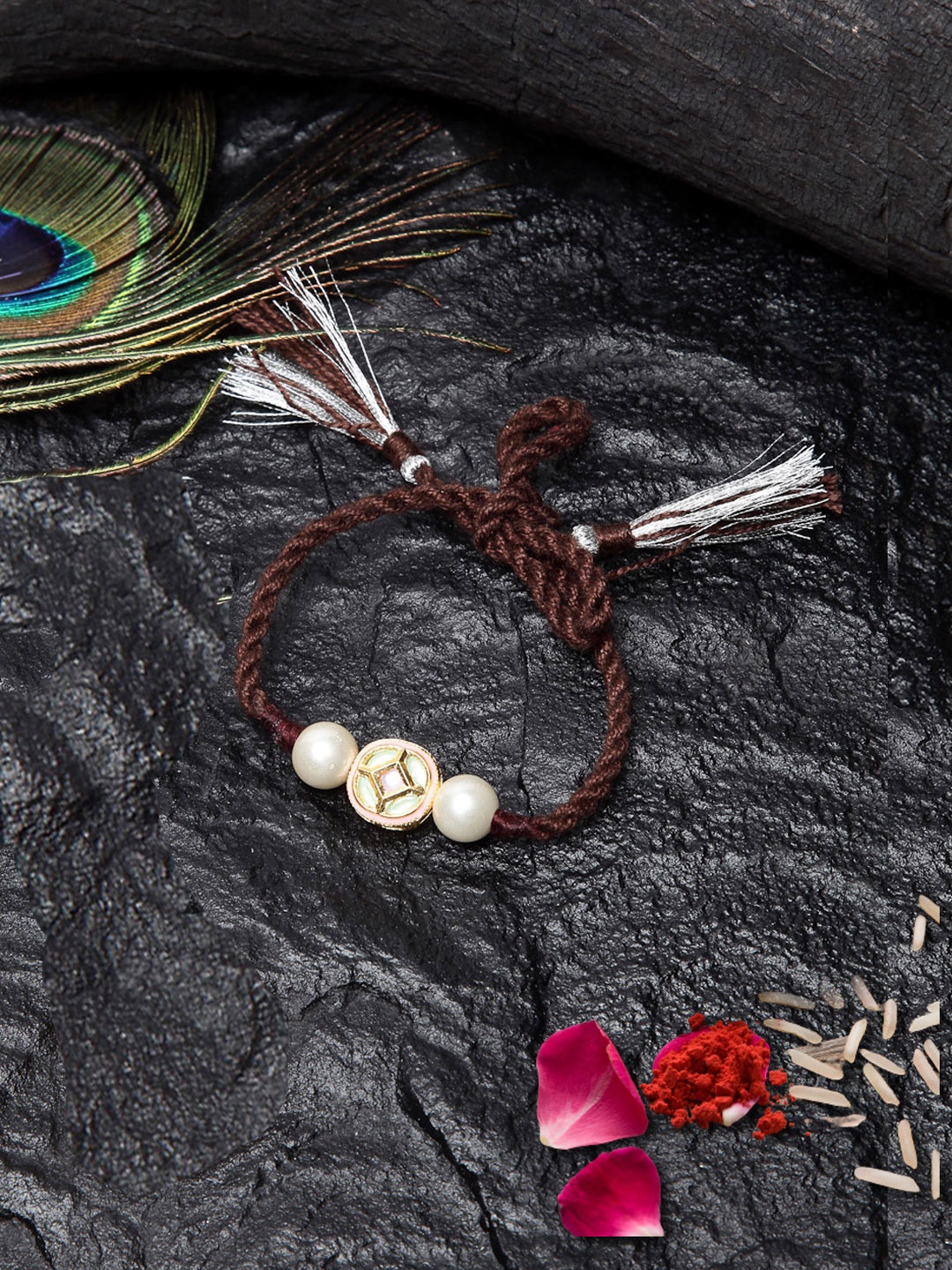 

DUGRISTYLE Men Brown Kundan & Pearls Rakhi With Roli & Chawal