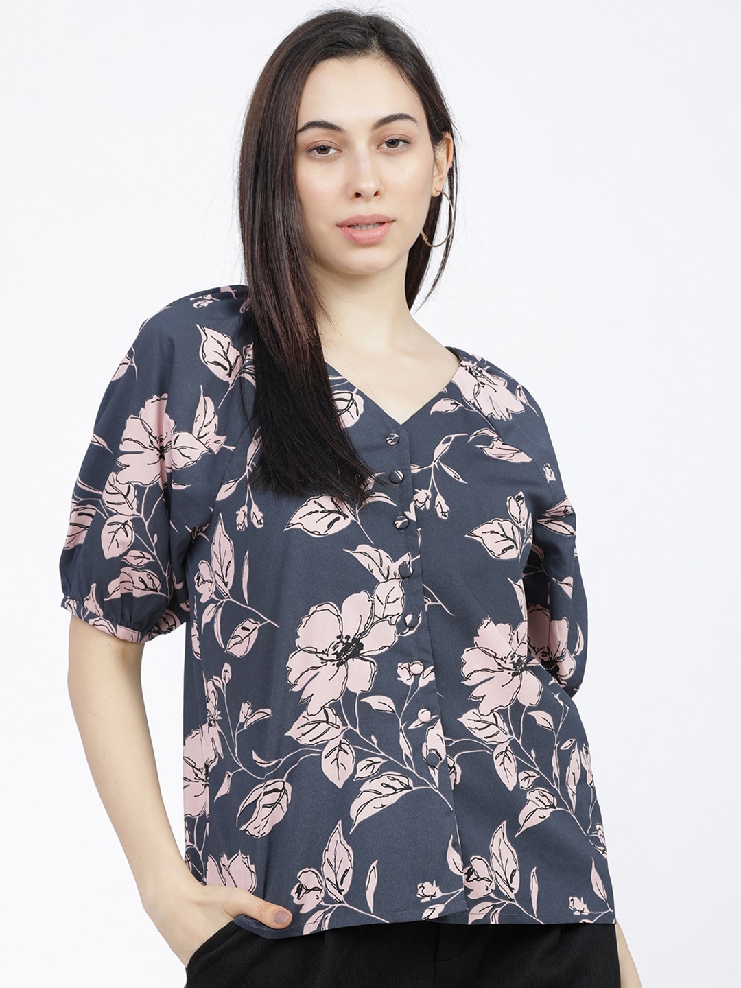 

Tokyo Talkies Women Pink & Navy Blue Floral Regular Top