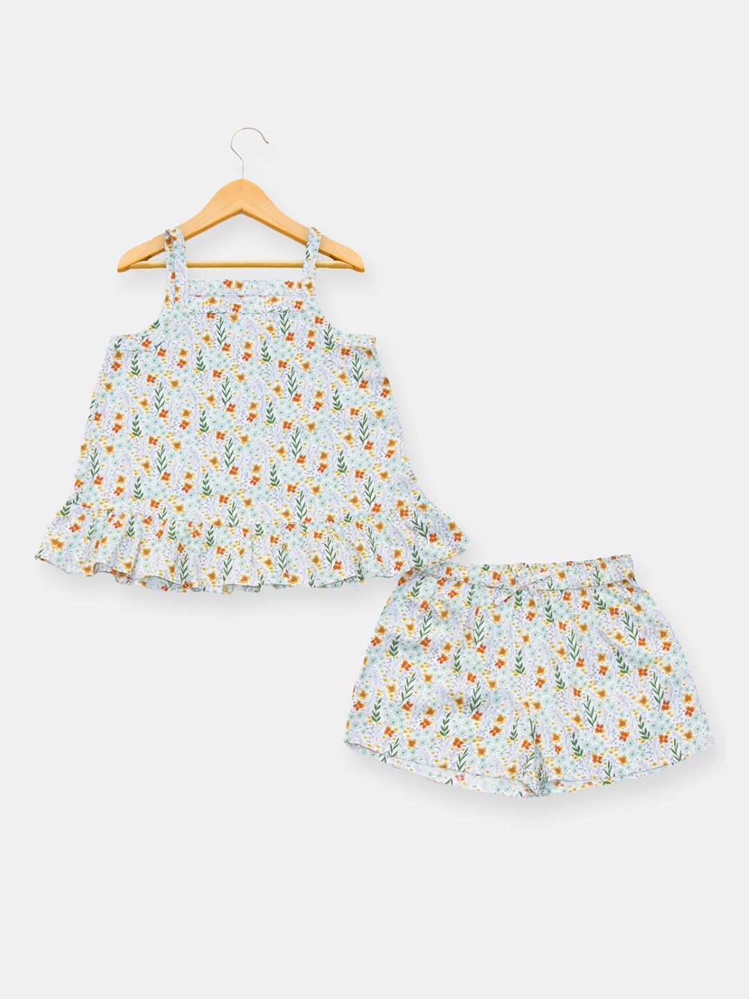 

Jade Garden Girls White & Green Floral Printed Top with Shorts