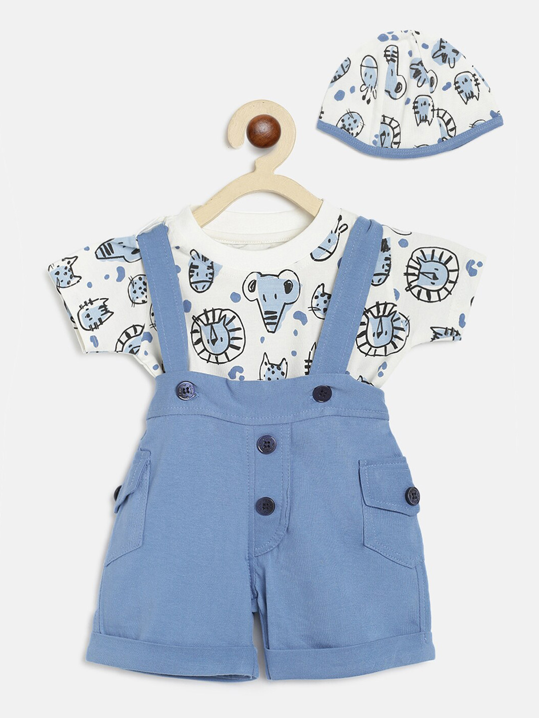 

Lil Tomatoes Infants White & Blue Pure Cotton Printed T-shirt with Shorts & Beanie