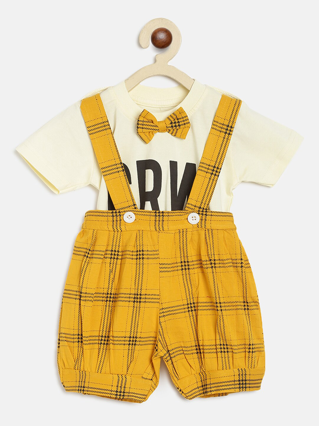 

Lil Tomatoes Infants Cream-Coloured & Mustard Yellow Printed Tee with Checked Shorts