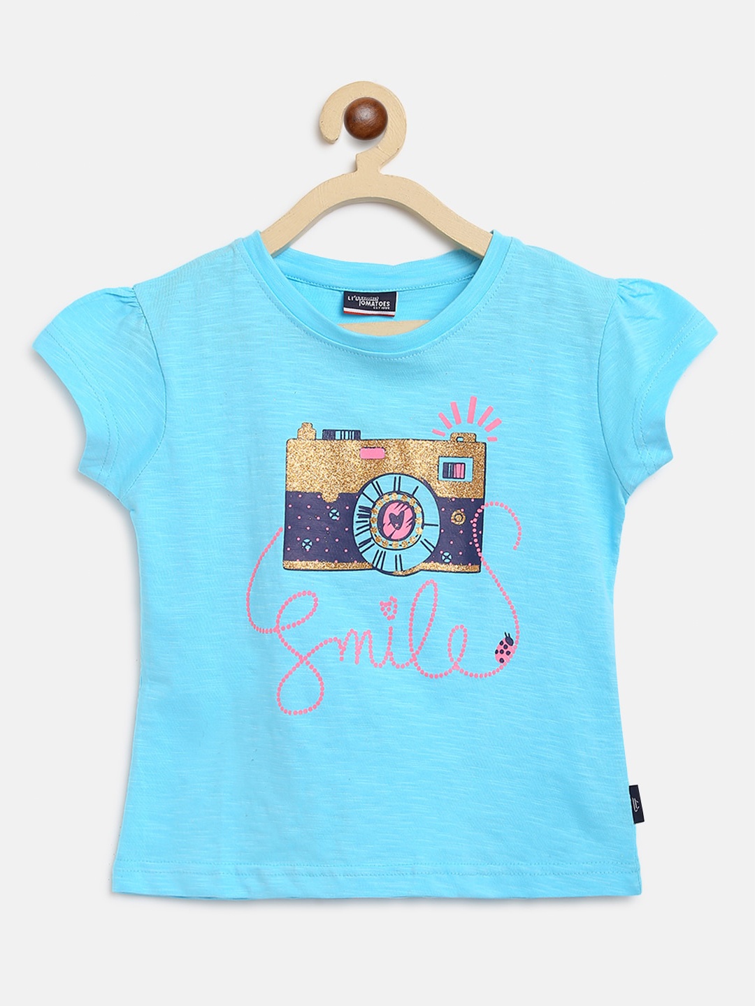 

Lil Tomatoes Girls Cotton Blue Puff Sleeve Printed Regular Top