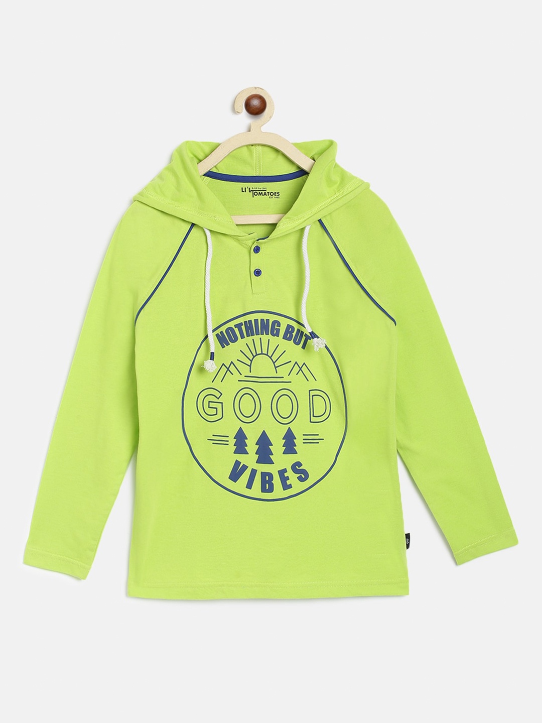 

Lil Tomatoes Boys Lime Green Pure Cotton Typography Printed Hooded Pure Cotton T-shirt