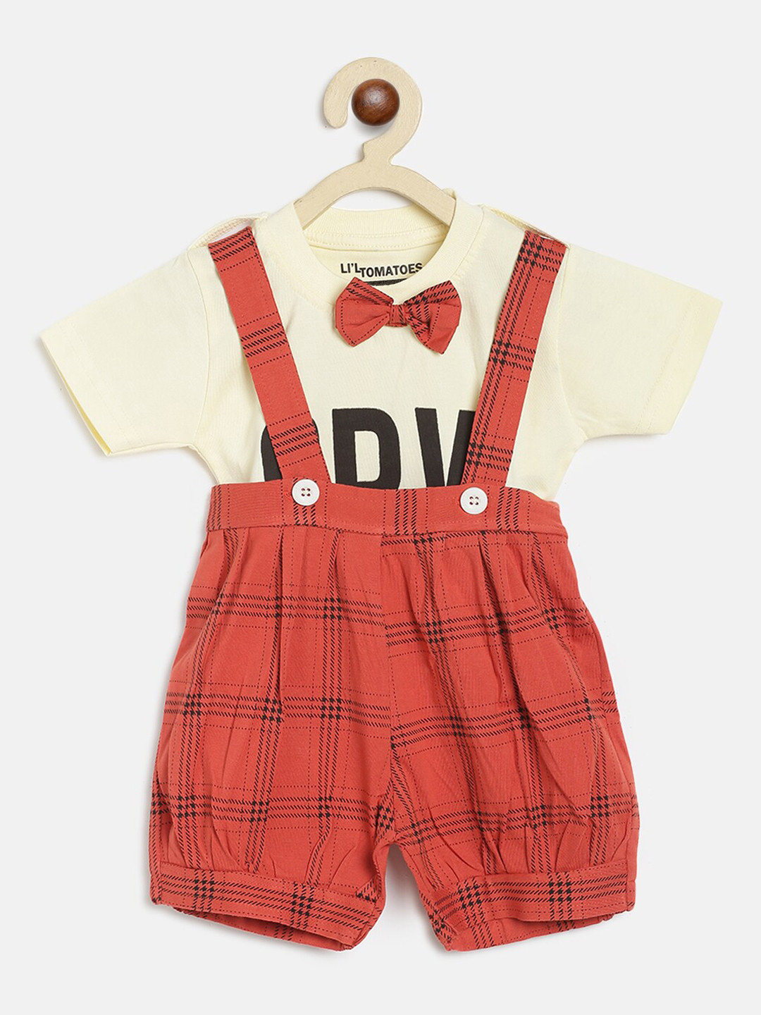 

Lil Tomatoes Infants Cream Coloured & Rust Orange Printed T-shirt with Checked Shorts