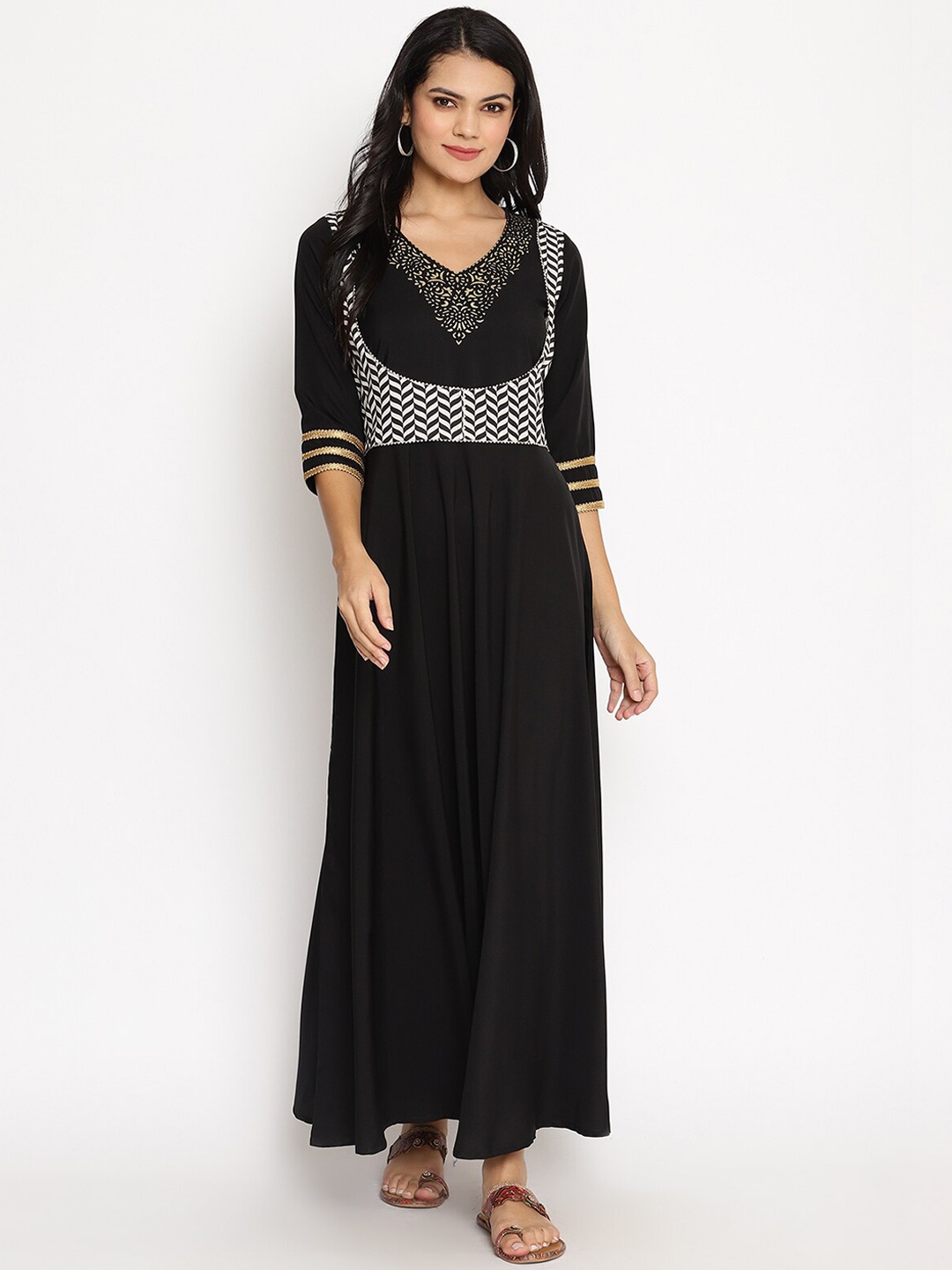 

Ahalyaa Women Black Digitally Printed Yoke Design Crepe Ethnic Dress