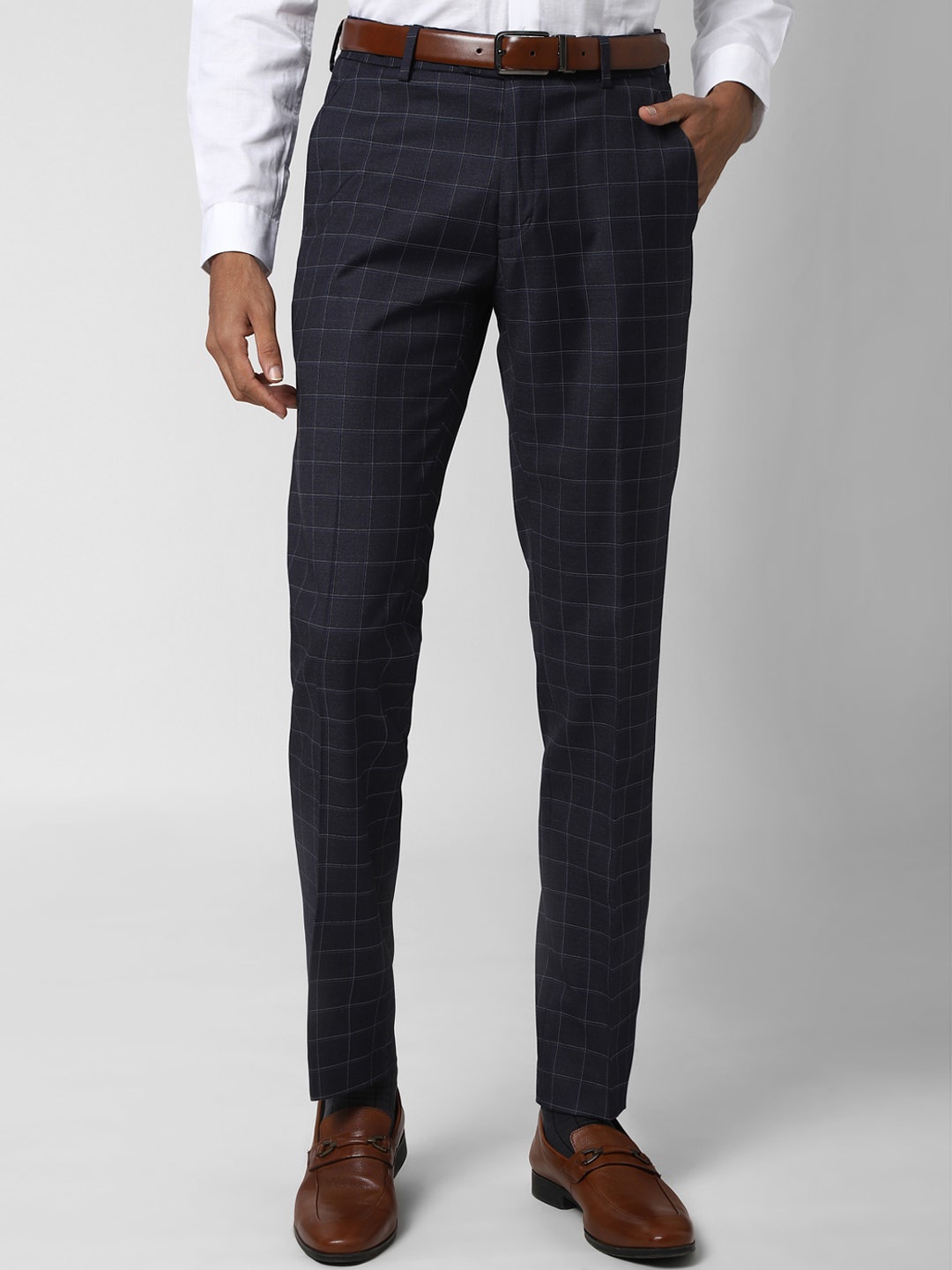 

Peter England Elite Men Navy Blue Checked Slim Fit Formal Trousers