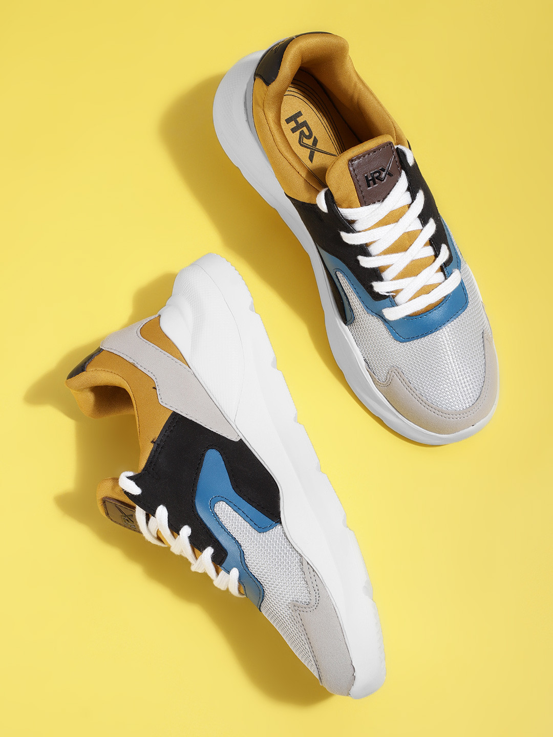 

HRX by Hrithik Roshan U-17 Unisex Grey & Mustard Yellow Colourblocked Chunky Sneakers
