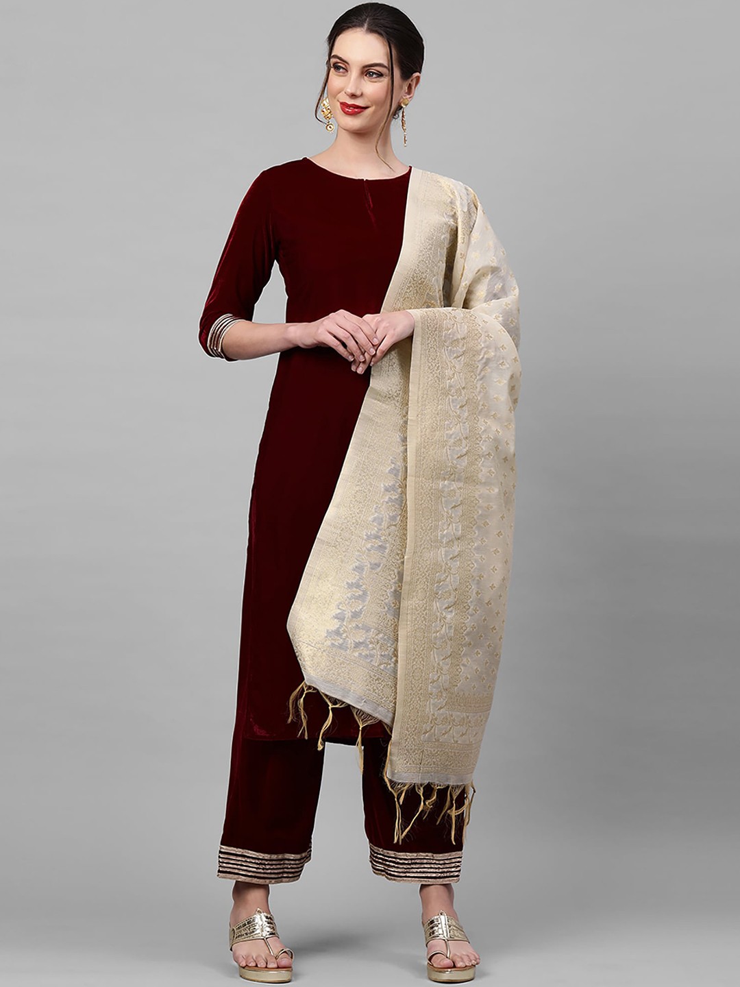 

Indo Era Women Maroon Velvet Kurta with Palazzos & With Dupatta