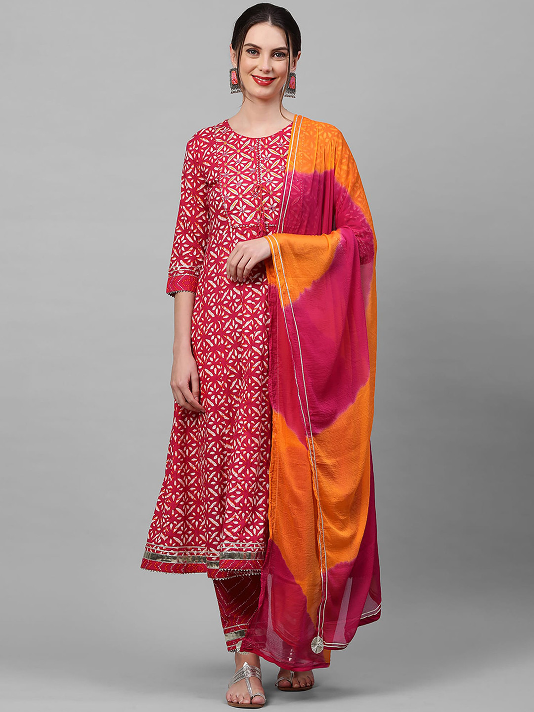 

Indo Era Women Pink Floral Printed Gotta Patti Kurta with Churidar & With Dupatta
