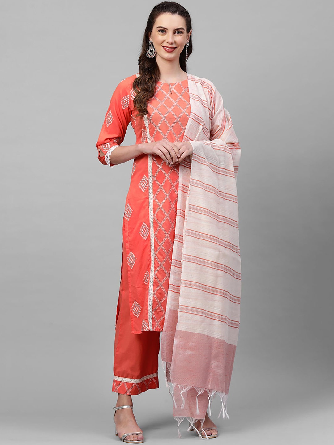 

Indo Era Women Peach-Coloured Printed Pure Cotton Kurta with Palazzos & With Dupatta