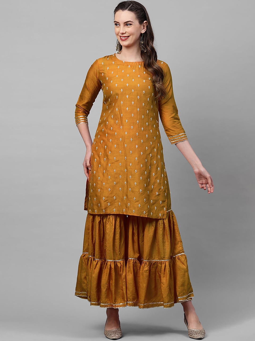 

Indo Era Women Mustard Yellow Ethnic Motifs Embroidered Kurta with Sharara