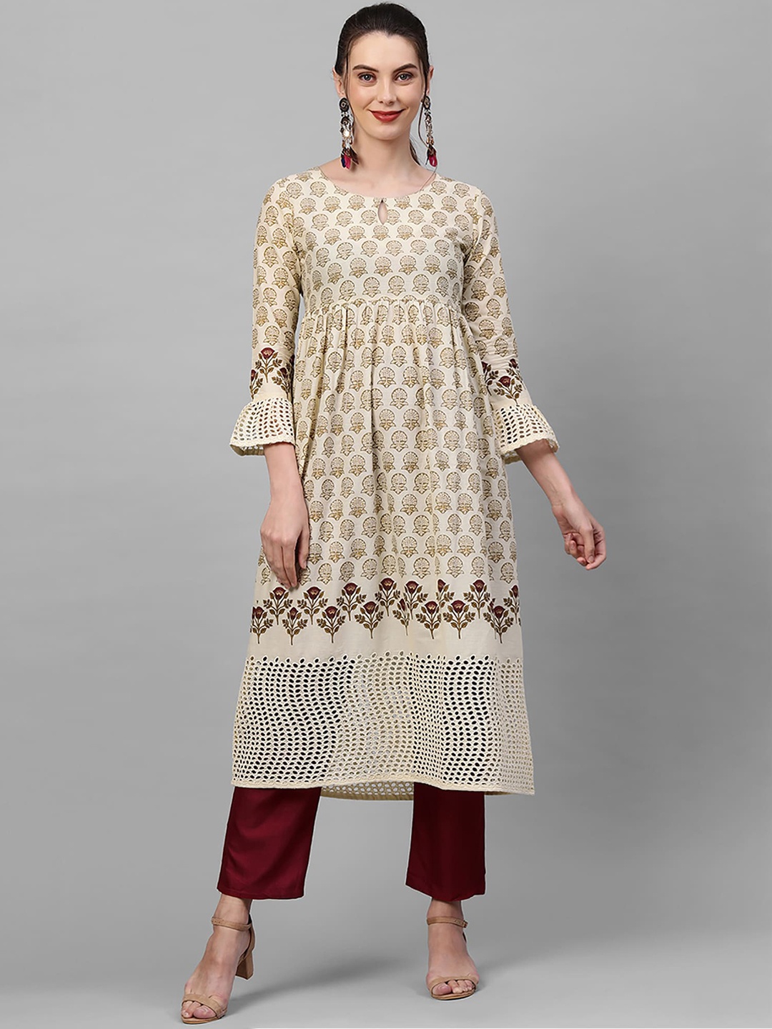 

Indo Era Women Cream-Coloured Floral Printed Keyhole Neck Bell Sleeves Kurta