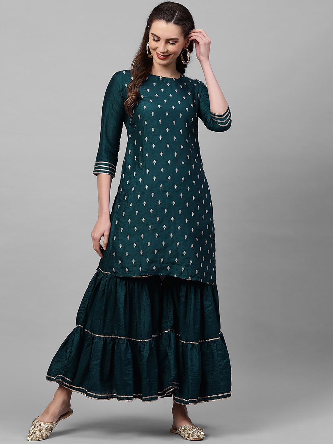 

Indo Era Women Green Ethnic Motifs Embroidered Thread Work Kurta with Sharara