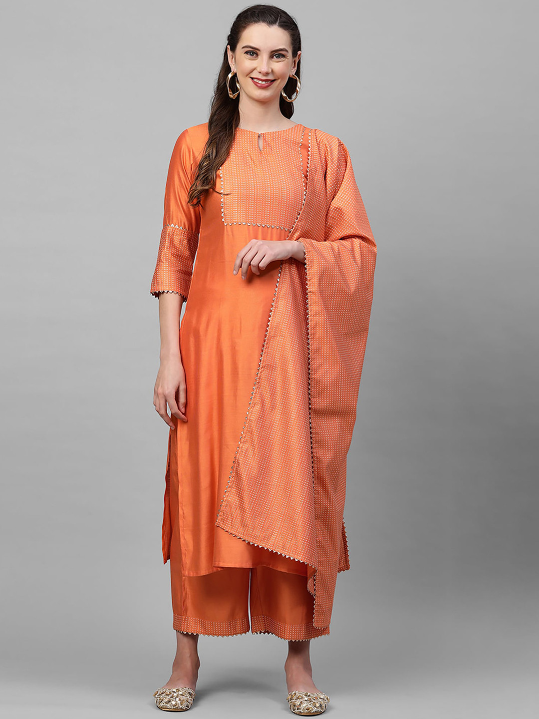 

Indo Era Women Orange Panelled Liva Kurta with Palazzos & With Dupatta
