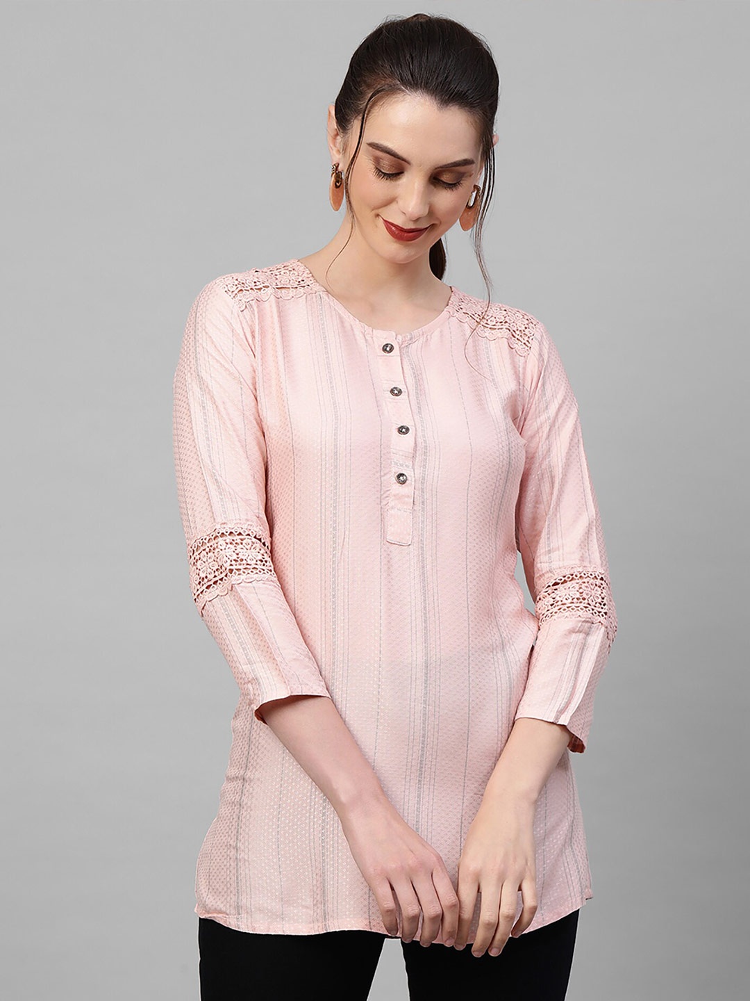 

Indo Era Peach-Coloured & Grey Printed Kurti