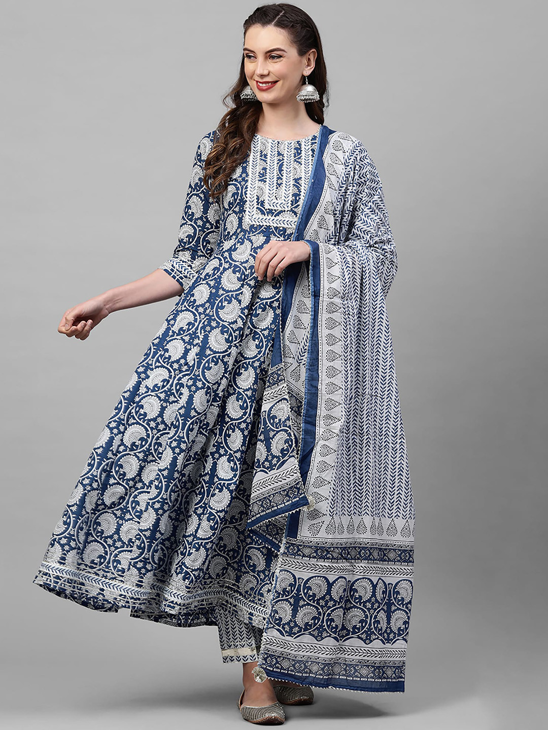 

Indo Era Women Blue Ethnic Motifs Printed Pleated Gotta Patti Kurta with Trousers & With Dupatta