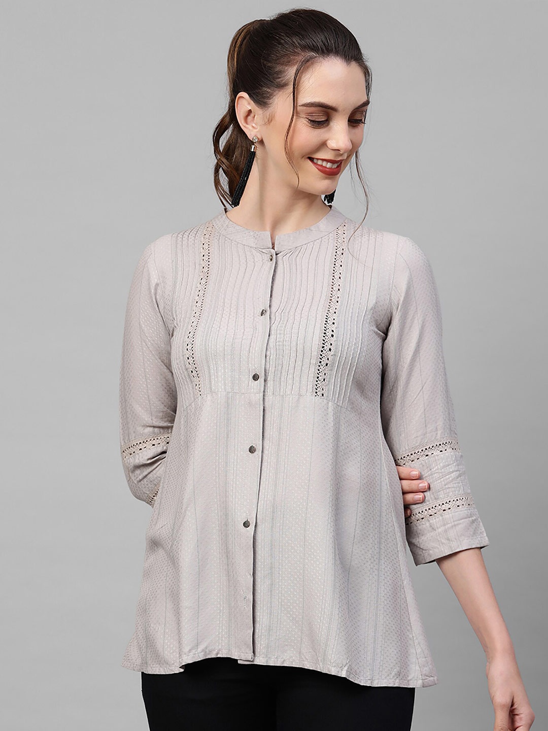 

Indo Era Grey Woven Design Empire Kurti