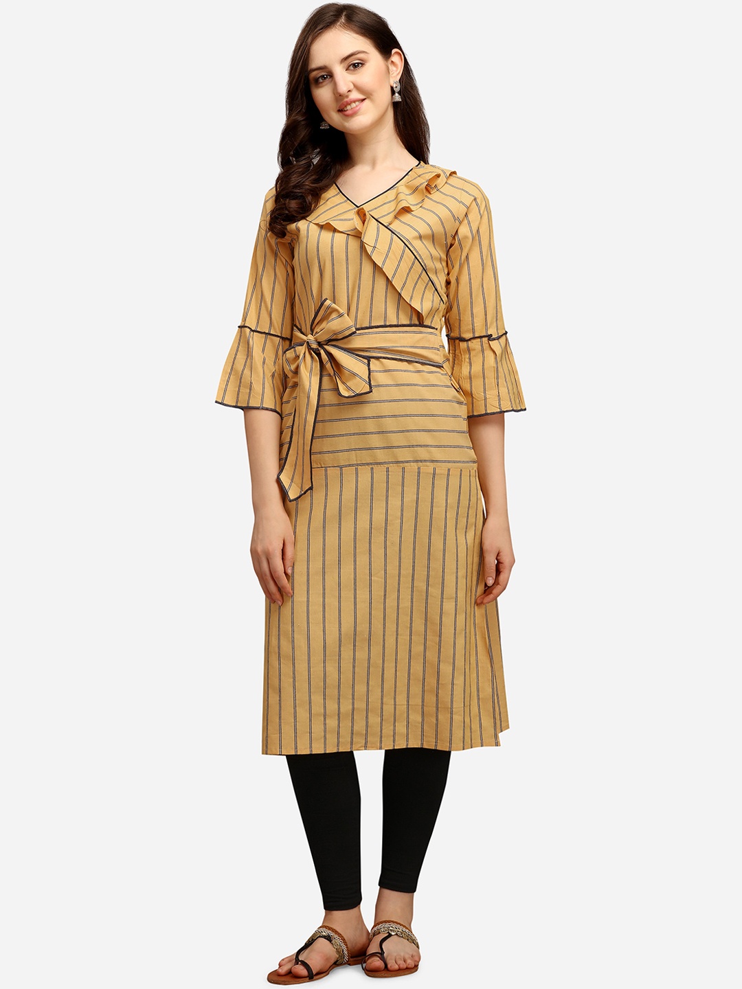 

Youthnic Women Yellow Yoke Design Bell Sleeves Frills Bows and Ruffles Kurta