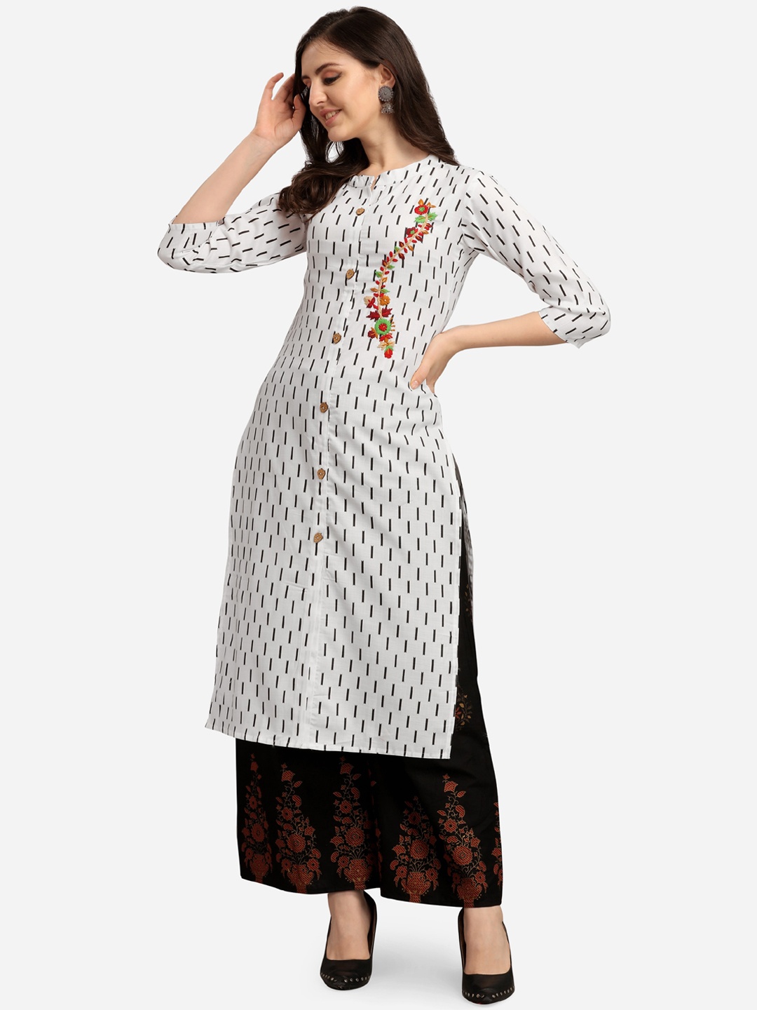 

Youthnic Women White & Black Printed & Floral Embroidered straight Kurta