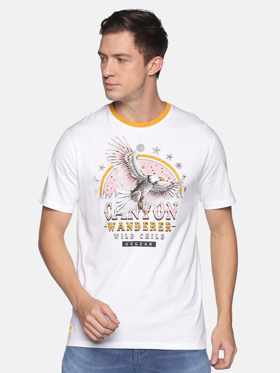 

UrGear Men White & Mustard Yellow Graphic Printed T-shirt