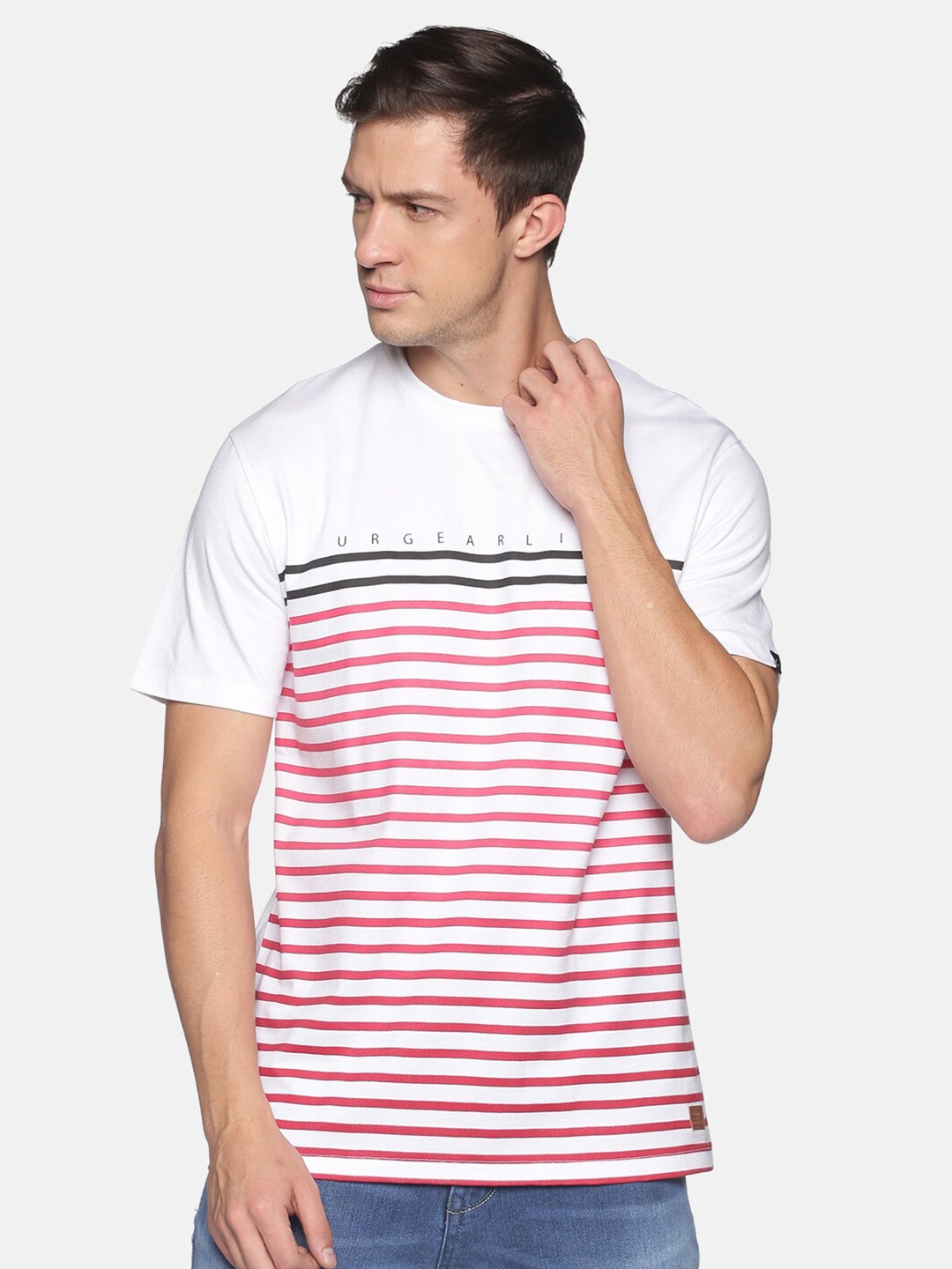 

UrGear Men White & Pink Horizontal Striped Round Neck T-shirt