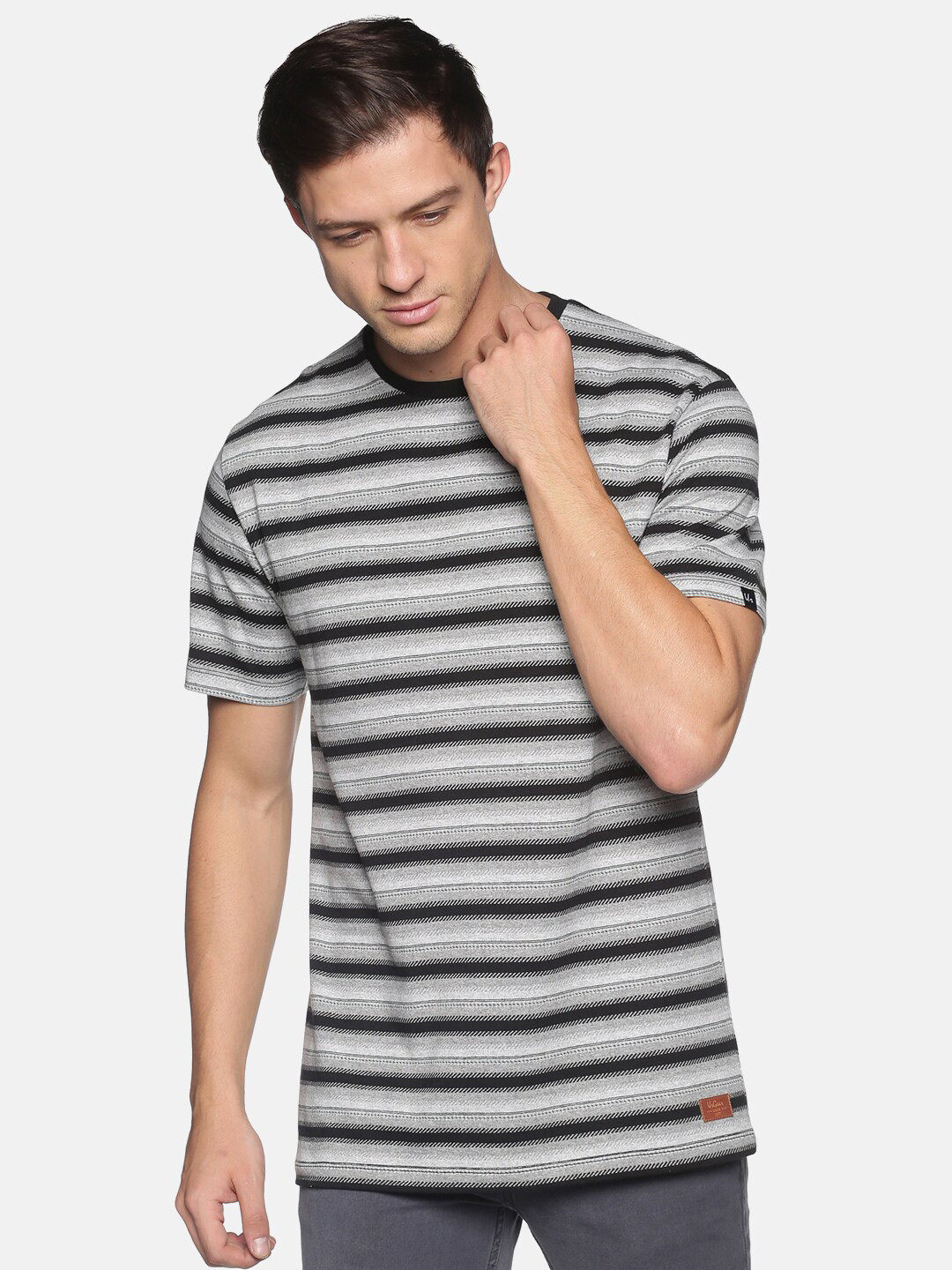 

UrGear Men Black Grey Striped Pure Cotton T-shirt